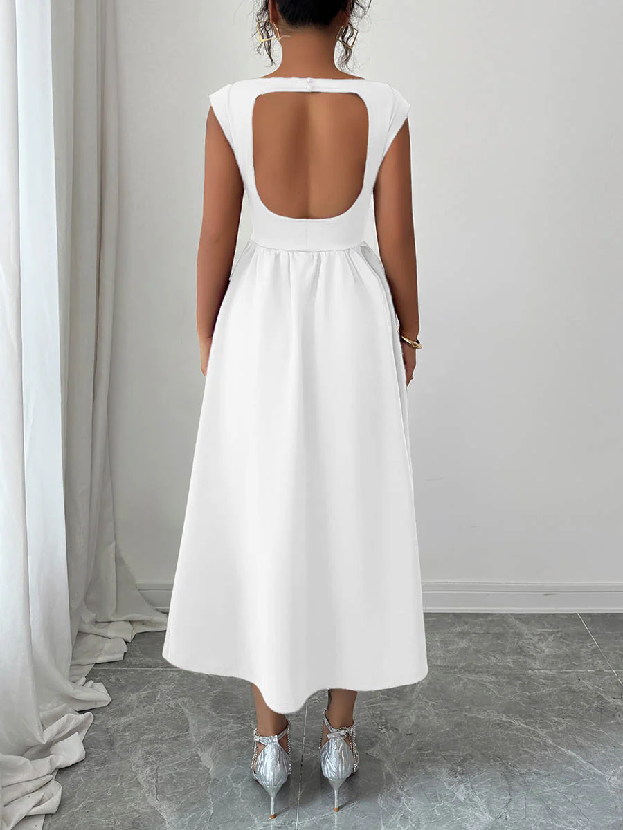 A-Line High Waisted Backless Pleated Pockets Solid Color Boat Neck Midi Dresses - Image 4