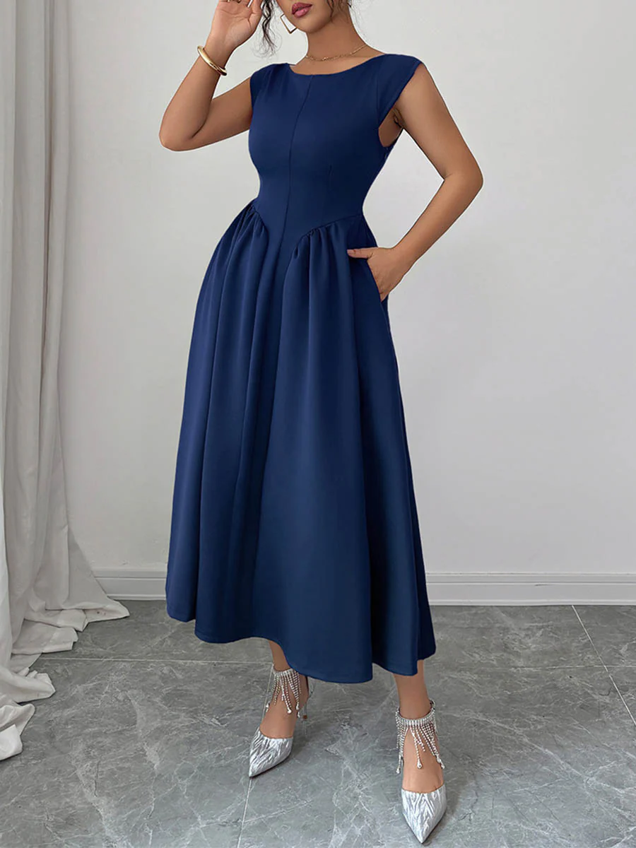 A-Line High Waisted Backless Pleated Pockets Solid Color Boat Neck Midi Dresses - Image 5