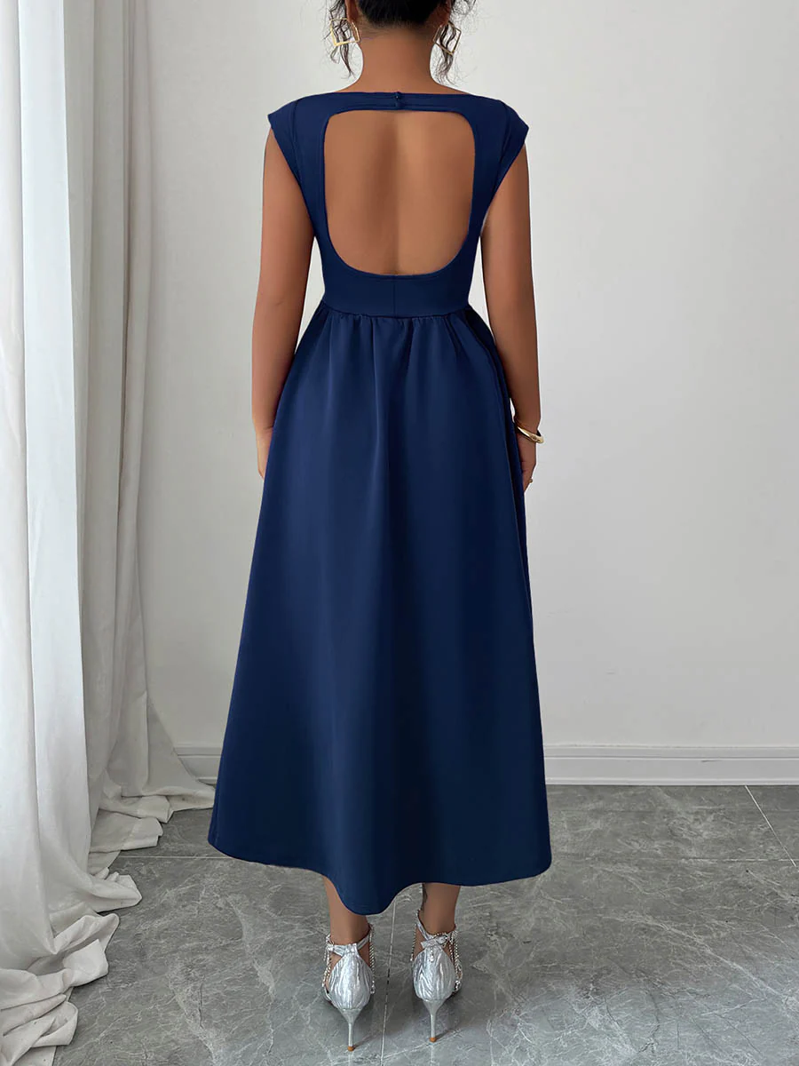 A-Line High Waisted Backless Pleated Pockets Solid Color Boat Neck Midi Dresses - Image 6