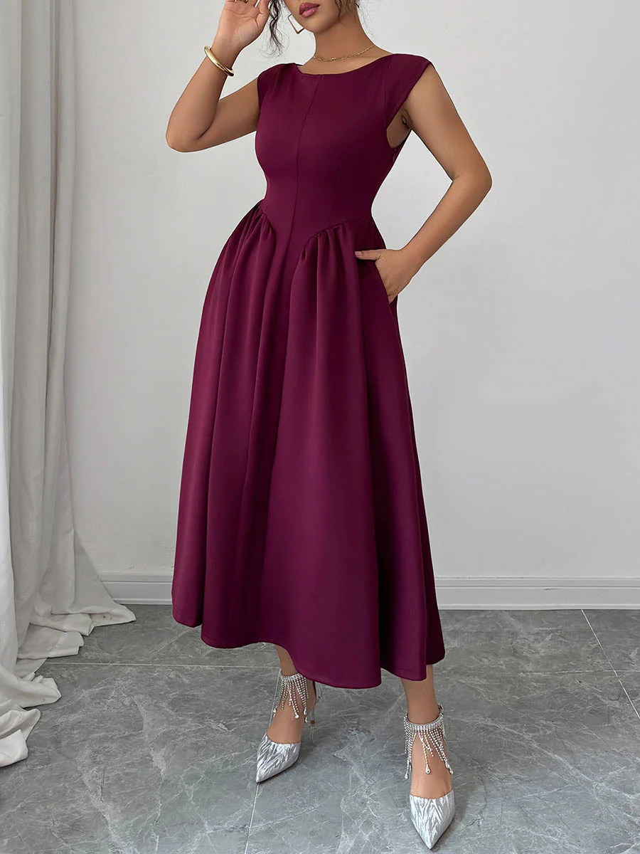 A-Line High Waisted Backless Pleated Pockets Solid Color Boat Neck Midi Dresses - Image 7