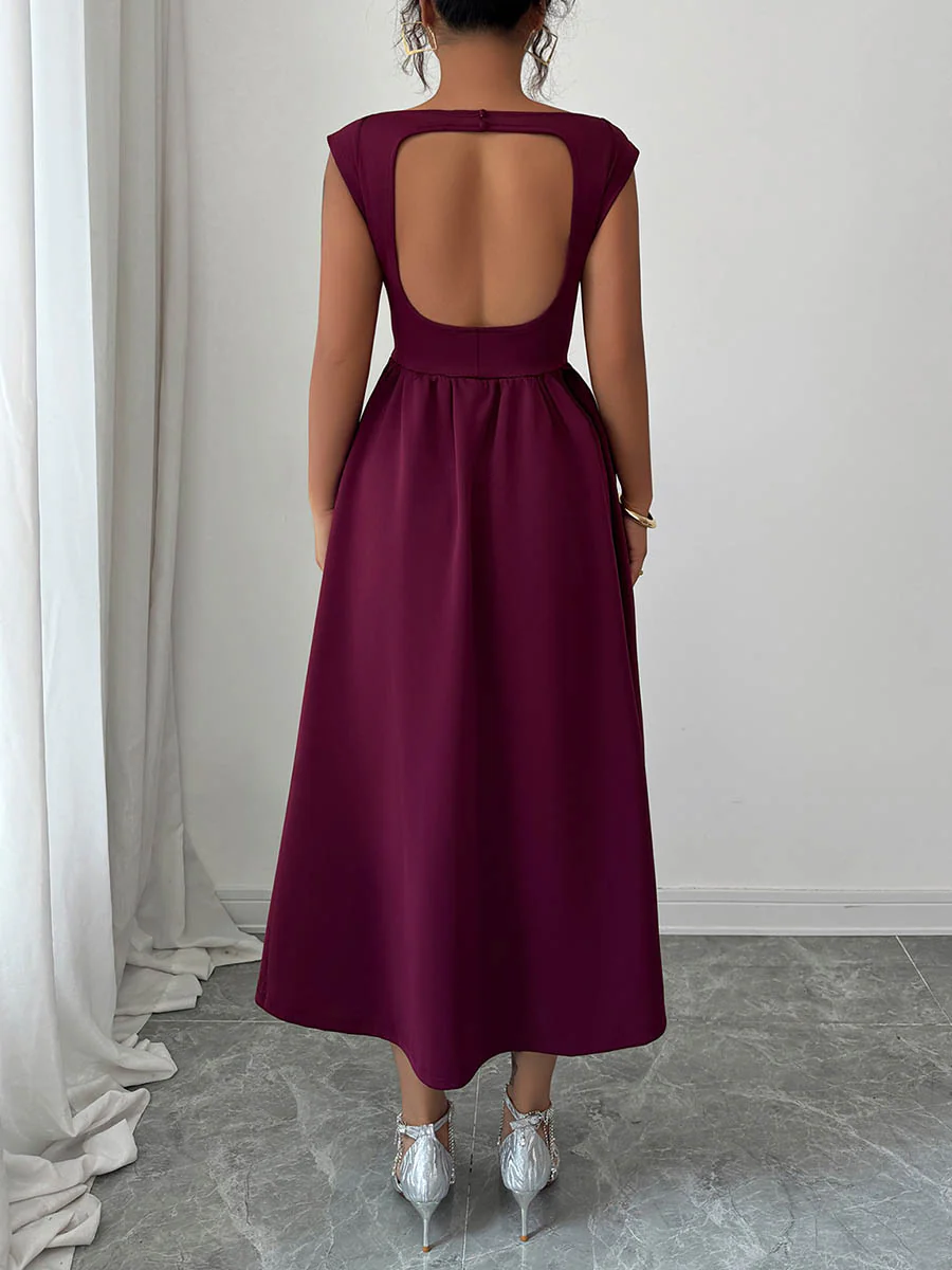 A-Line High Waisted Backless Pleated Pockets Solid Color Boat Neck Midi Dresses - Image 8