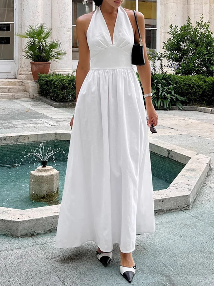A-Line High Waisted Backless Pleated Solid Color Split-Joint Halter-Neck Midi Dresses