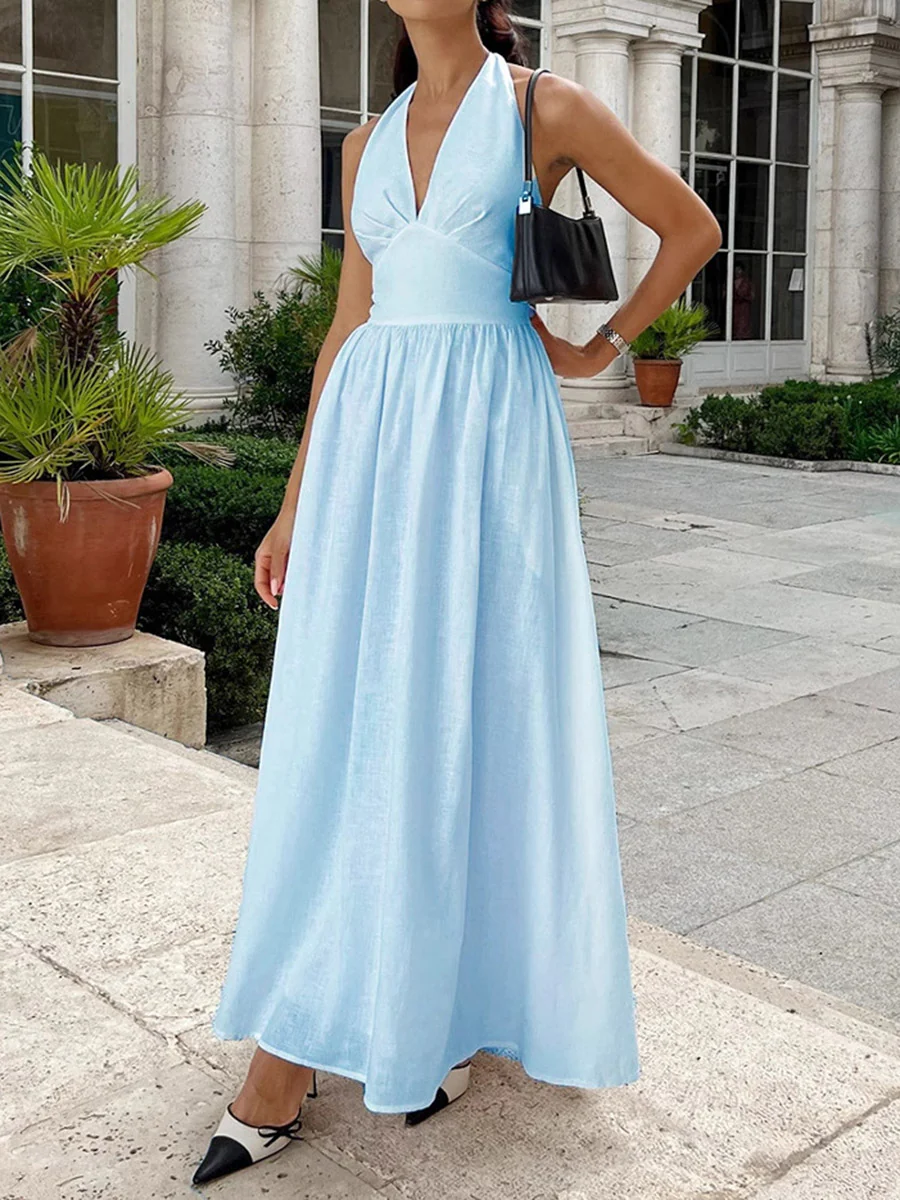 A-Line High Waisted Backless Pleated Solid Color Split-Joint Halter-Neck Midi Dresses - Image 2