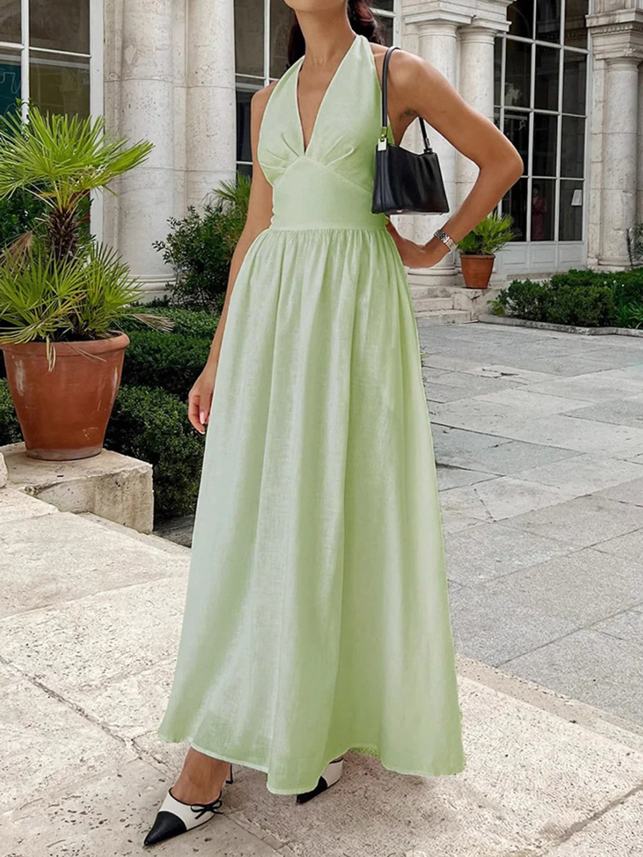 A-Line High Waisted Backless Pleated Solid Color Split-Joint Halter-Neck Midi Dresses - Image 3