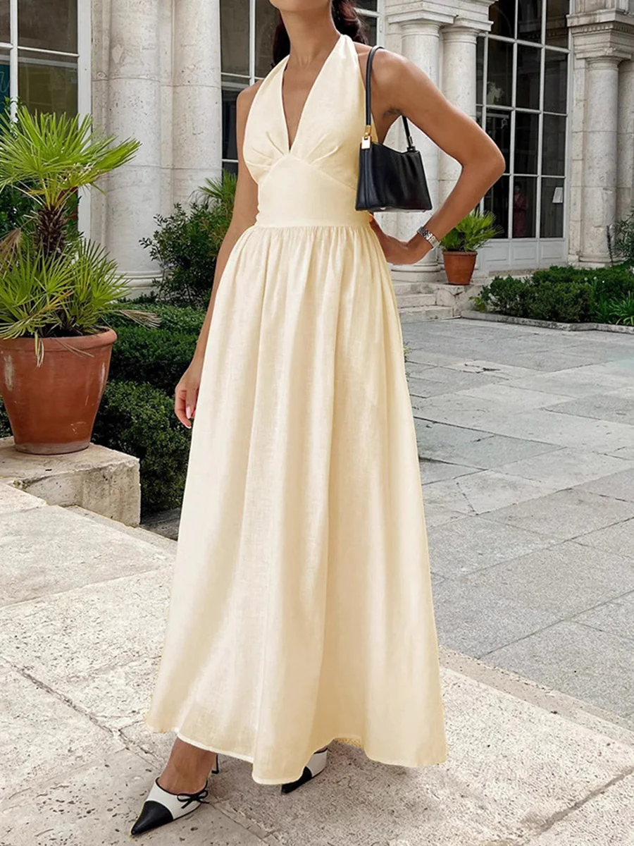 A-Line High Waisted Backless Pleated Solid Color Split-Joint Halter-Neck Midi Dresses - Image 4