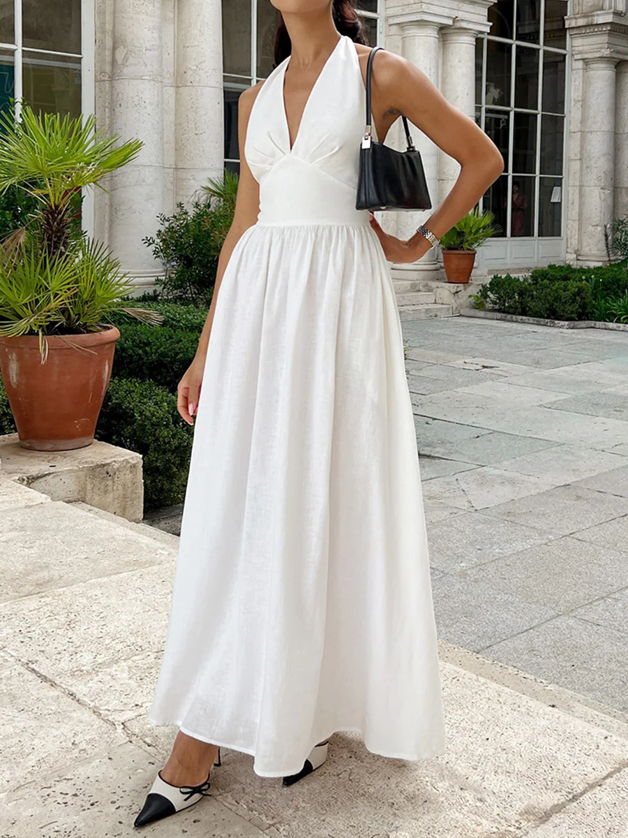 A-Line High Waisted Backless Pleated Solid Color Split-Joint Halter-Neck Midi Dresses - Image 5