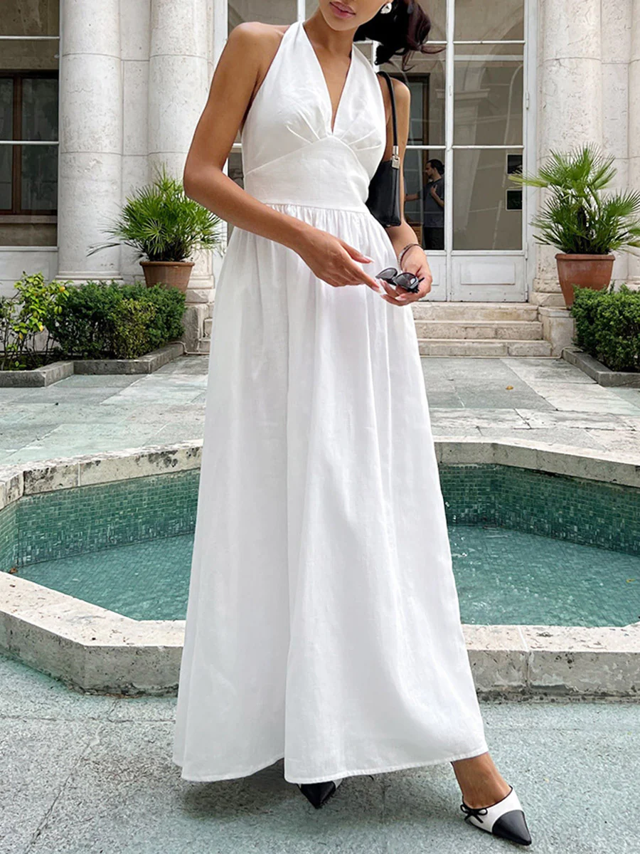A-Line High Waisted Backless Pleated Solid Color Split-Joint Halter-Neck Midi Dresses - Image 6