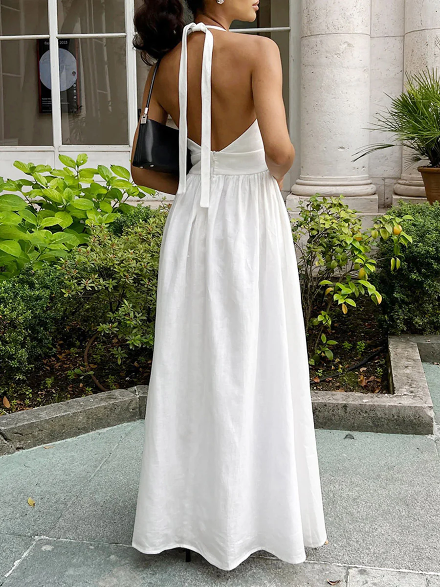 A-Line High Waisted Backless Pleated Solid Color Split-Joint Halter-Neck Midi Dresses - Image 7