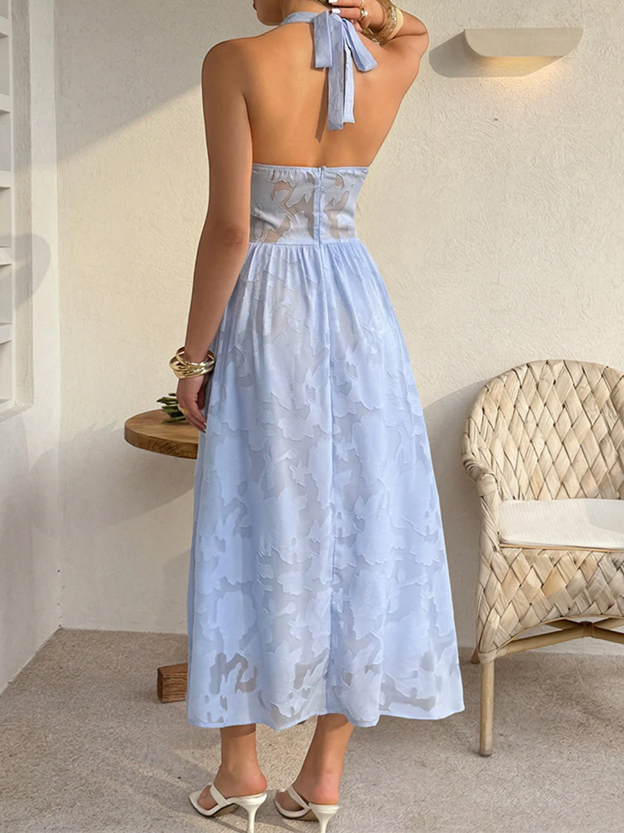 A-Line High Waisted Backless Pleated Solid Color Split-Side Halter-Neck Maxi Dresses - Image 5