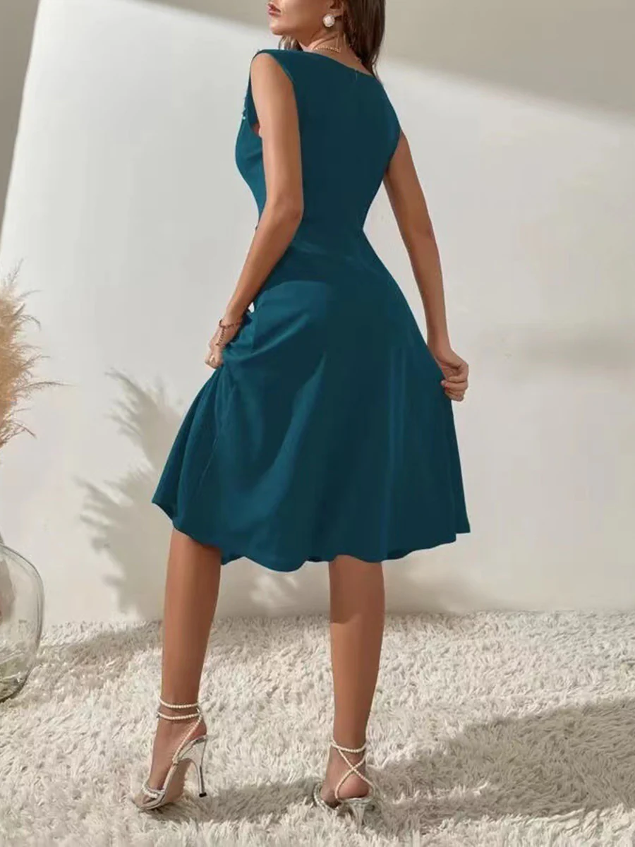 A-Line High Waisted Beads Pleated Solid Color Split-Joint Round-Neck Mini Dresses - Image 3