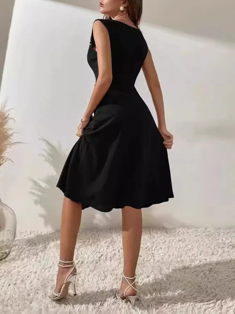 A-Line High Waisted Beads Pleated Solid Color Split-Joint Round-Neck Mini Dresses - Image 4