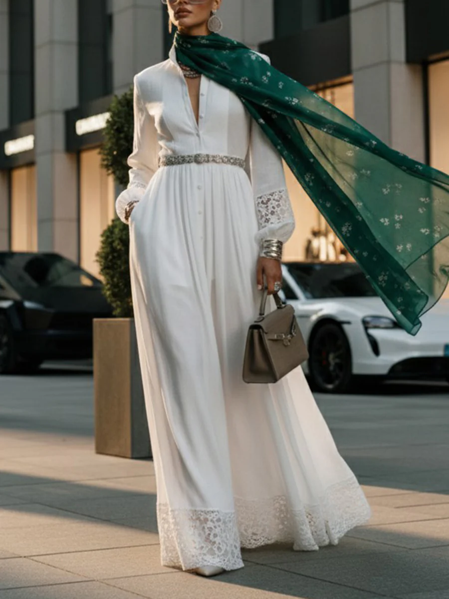 A-Line High Waisted Belted Buttoned Hollow Pleated Pockets Solid Color Split-Joint Stand Collar Maxi Dresses Shirt Dress - Image 2