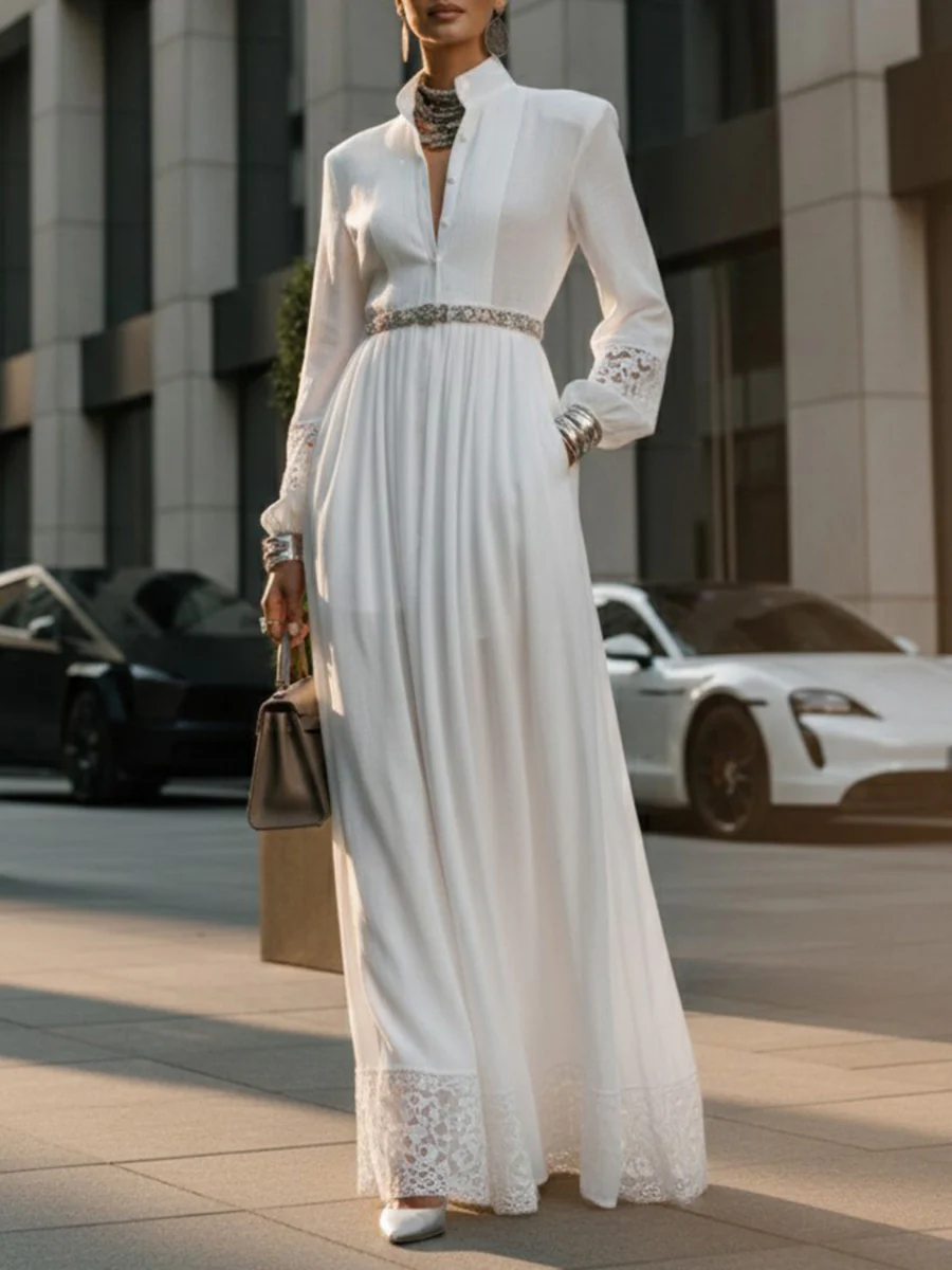 A-Line High Waisted Belted Buttoned Hollow Pleated Pockets Solid Color Split-Joint Stand Collar Maxi Dresses Shirt Dress - Image 3