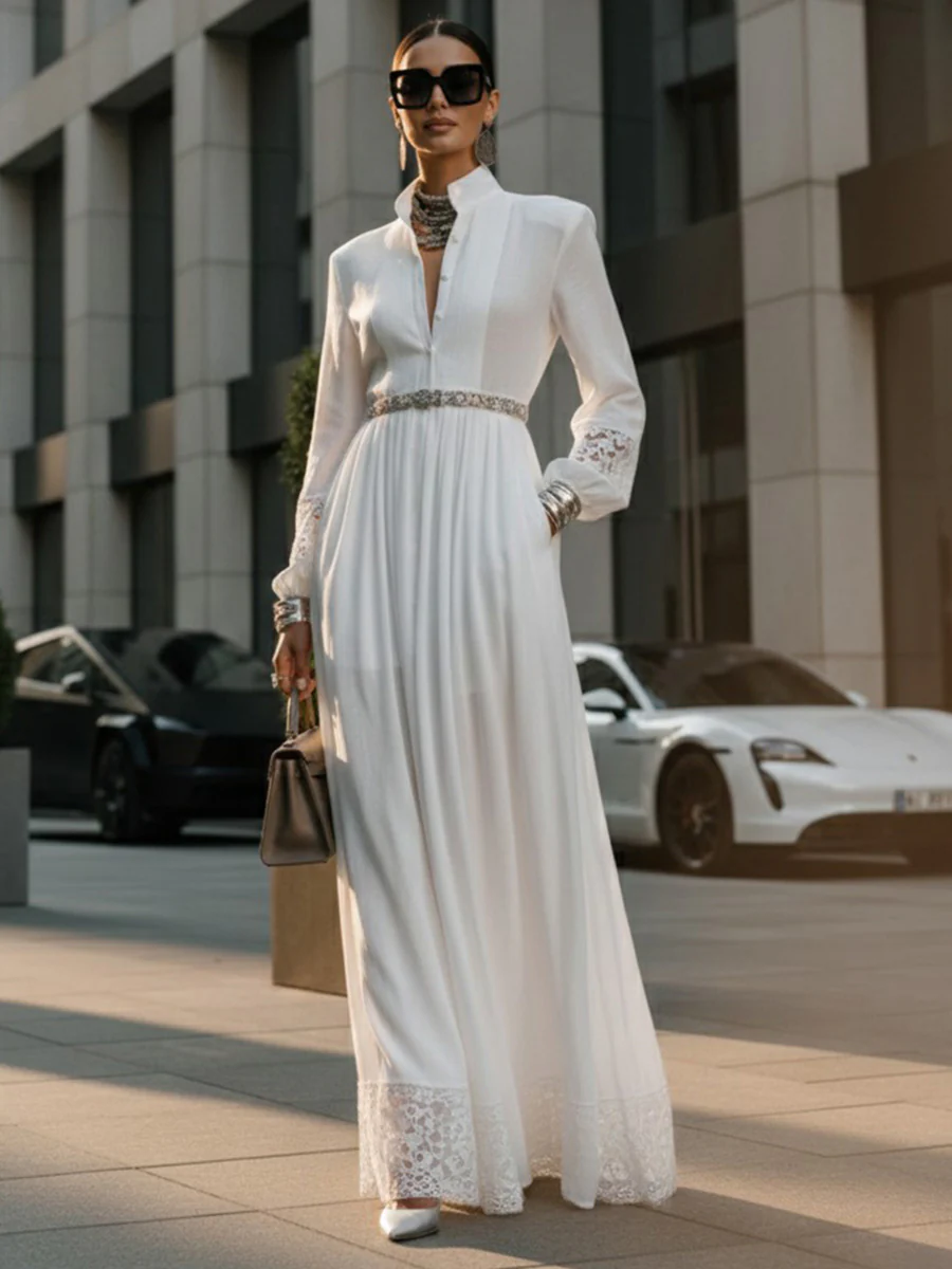 A-Line High Waisted Belted Buttoned Hollow Pleated Pockets Solid Color Split-Joint Stand Collar Maxi Dresses Shirt Dress - Image 4