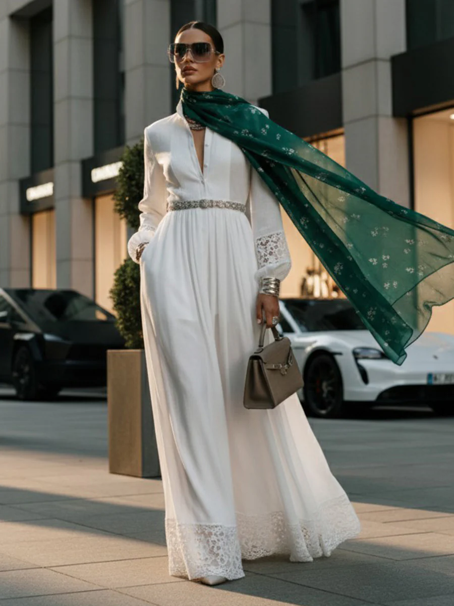 A-Line High Waisted Belted Buttoned Hollow Pleated Pockets Solid Color Split-Joint Stand Collar Maxi Dresses Shirt Dress - Image 5