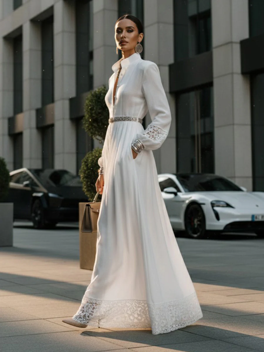 A-Line High Waisted Belted Buttoned Hollow Pleated Pockets Solid Color Split-Joint Stand Collar Maxi Dresses Shirt Dress - Image 6
