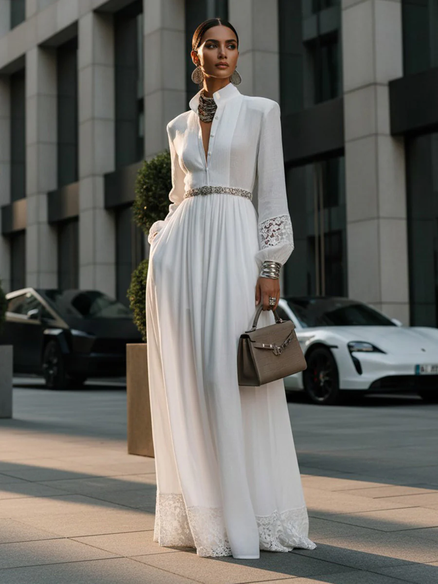 A-Line High Waisted Belted Buttoned Hollow Pleated Pockets Solid Color Split-Joint Stand Collar Maxi Dresses Shirt Dress - Image 7