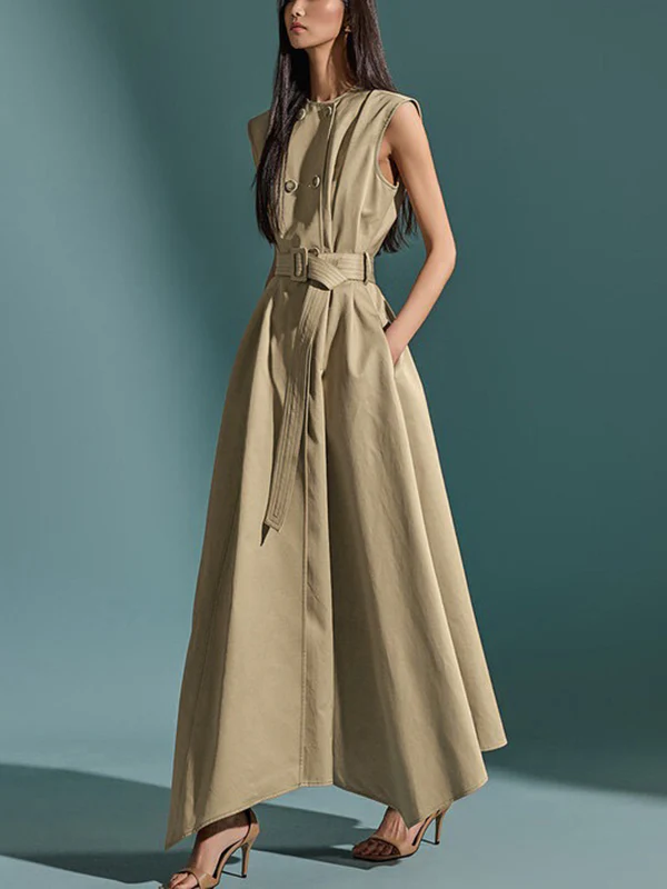 A-Line High Waisted Belted Buttoned Pockets Solid Color Round-Neck Maxi Dresses - Image 2