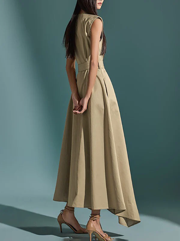 A-Line High Waisted Belted Buttoned Pockets Solid Color Round-Neck Maxi Dresses - Image 3