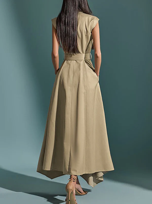 A-Line High Waisted Belted Buttoned Pockets Solid Color Round-Neck Maxi Dresses - Image 4