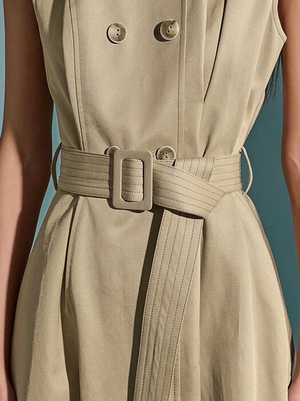 A-Line High Waisted Belted Buttoned Pockets Solid Color Round-Neck Maxi Dresses - Image 5