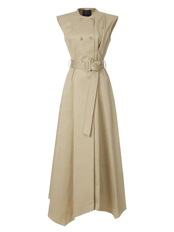 A-Line High Waisted Belted Buttoned Pockets Solid Color Round-Neck Maxi Dresses - Image 6