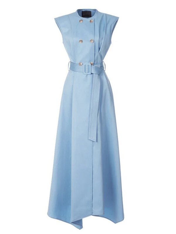 A-Line High Waisted Belted Buttoned Pockets Solid Color Round-Neck Maxi Dresses - Image 7
