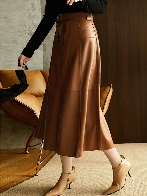 A-Line High Waisted Belted Buttoned Pockets Solid Color Split-Joint Zipper Skirts Bottoms - Image 3