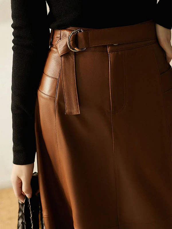A-Line High Waisted Belted Buttoned Pockets Solid Color Split-Joint Zipper Skirts Bottoms - Image 4