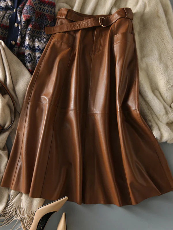 A-Line High Waisted Belted Buttoned Pockets Solid Color Split-Joint Zipper Skirts Bottoms - Image 5