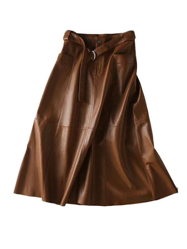 A-Line High Waisted Belted Buttoned Pockets Solid Color Split-Joint Zipper Skirts Bottoms - Image 8