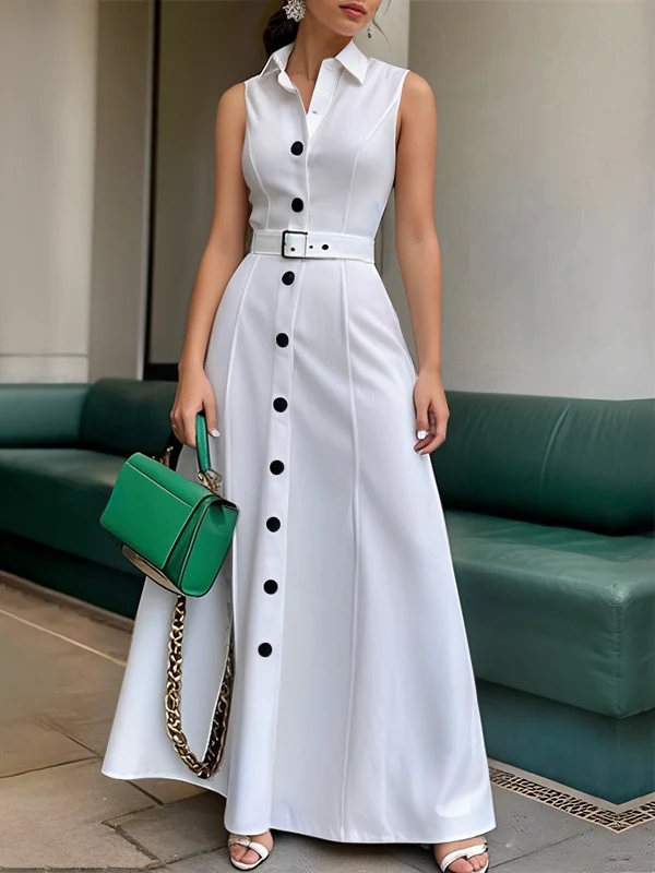 A-Line High Waisted Belted Buttoned Solid Color Lapel Maxi Dresses - Image 2