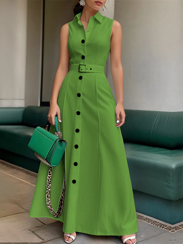 A-Line High Waisted Belted Buttoned Solid Color Lapel Maxi Dresses - Image 3