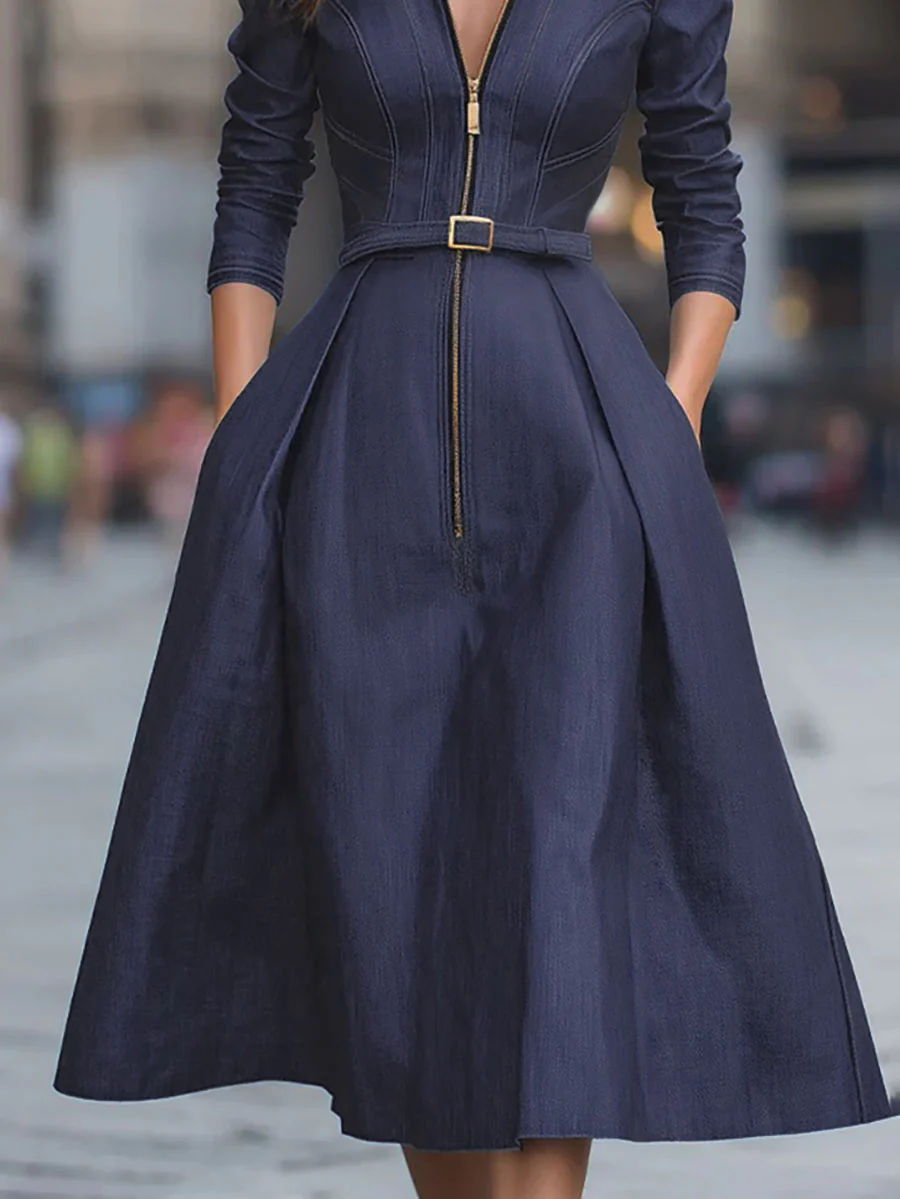 A-Line High Waisted Belted Pleated Pockets Zipper Lapel Midi Dresses - Image 3