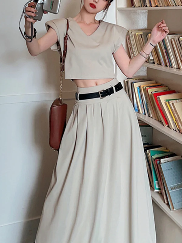 A-Line High Waisted Belted Pleated Solid Color Skirts Bottoms - Image 10
