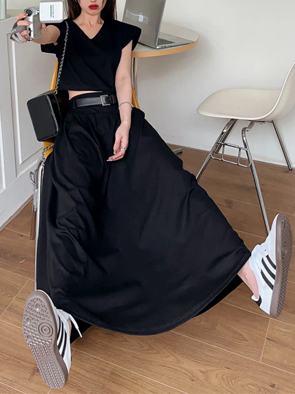 A-Line High Waisted Belted Pleated Solid Color Skirts Bottoms - Image 12