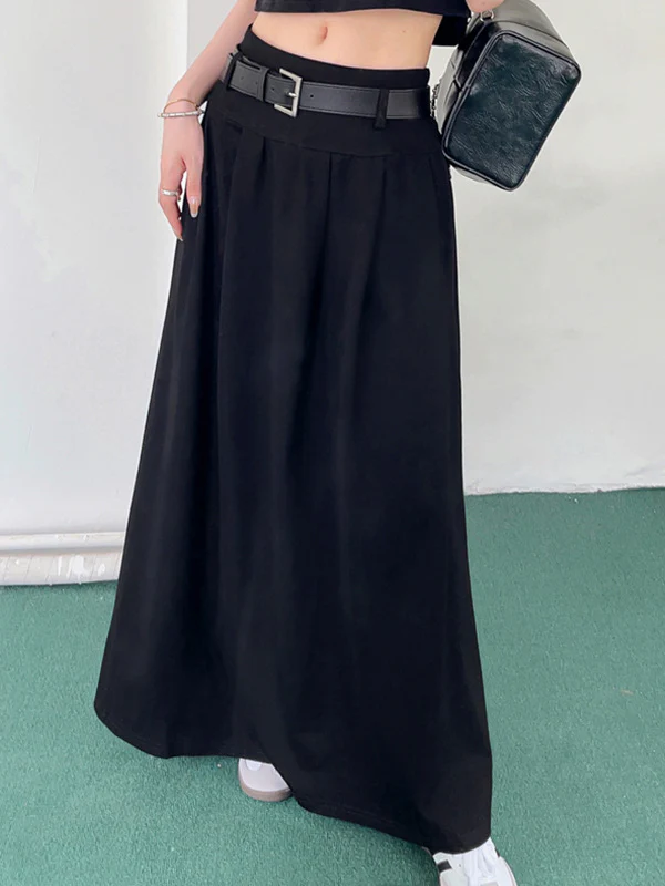 A-Line High Waisted Belted Pleated Solid Color Skirts Bottoms - Image 13