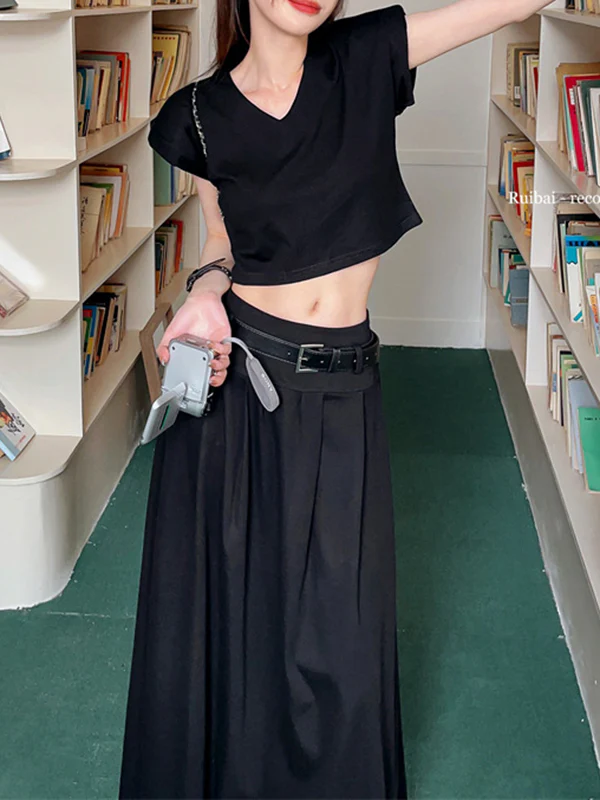 A-Line High Waisted Belted Pleated Solid Color Skirts Bottoms - Image 14