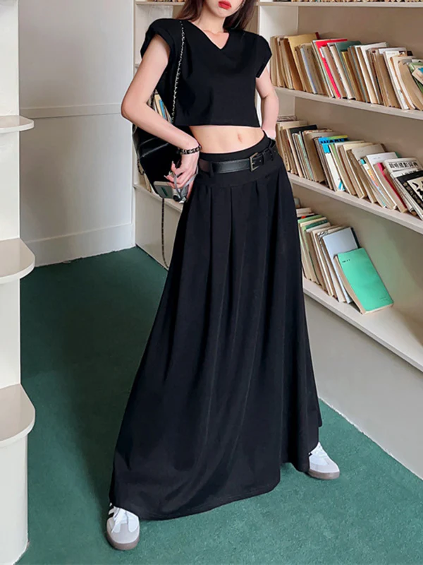 A-Line High Waisted Belted Pleated Solid Color Skirts Bottoms - Image 2
