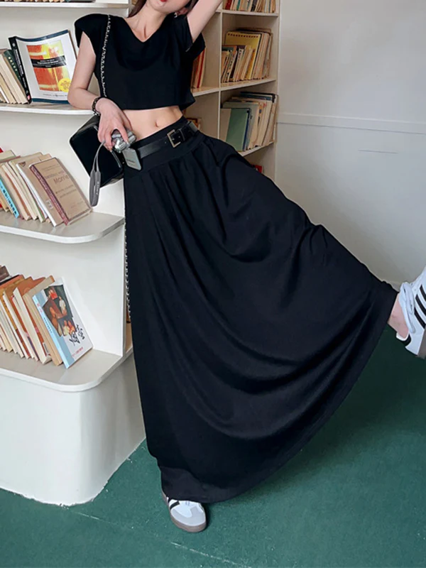 A-Line High Waisted Belted Pleated Solid Color Skirts Bottoms - Image 3