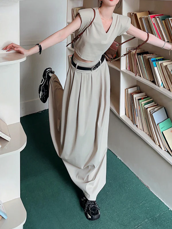 A-Line High Waisted Belted Pleated Solid Color Skirts Bottoms - Image 4