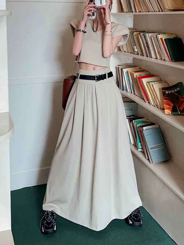 A-Line High Waisted Belted Pleated Solid Color Skirts Bottoms - Image 5