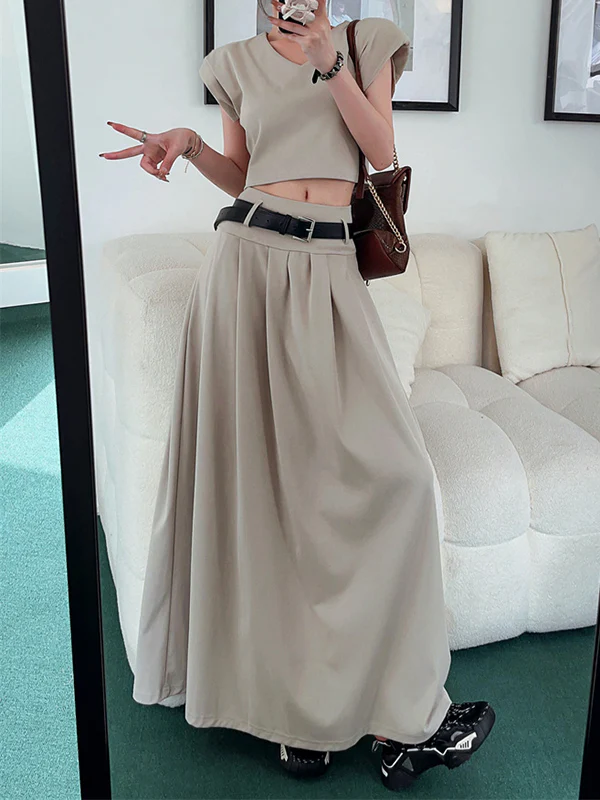 A-Line High Waisted Belted Pleated Solid Color Skirts Bottoms - Image 6