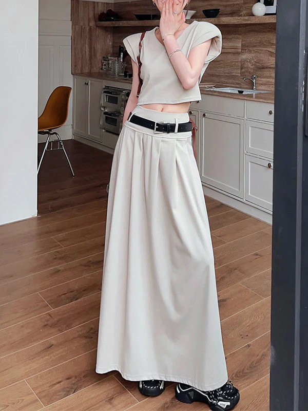 A-Line High Waisted Belted Pleated Solid Color Skirts Bottoms - Image 7