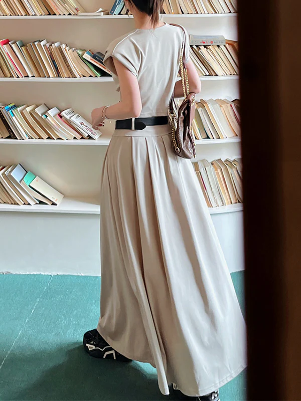A-Line High Waisted Belted Pleated Solid Color Skirts Bottoms - Image 9