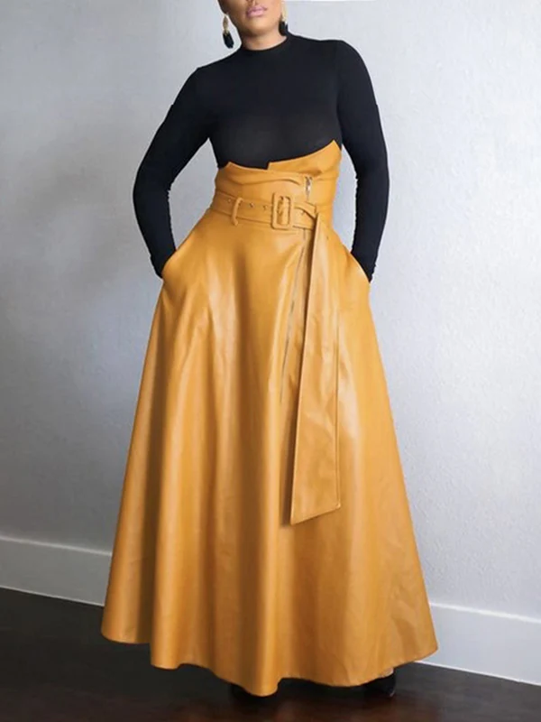 A-Line High Waisted Belted Pockets Solid Color Zipper Skirts Bottoms - Image 2