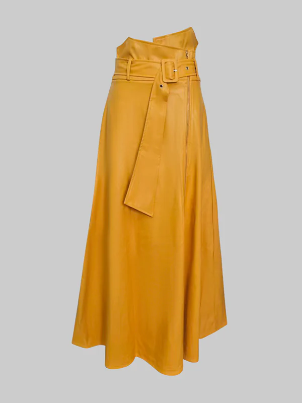 A-Line High Waisted Belted Pockets Solid Color Zipper Skirts Bottoms - Image 3