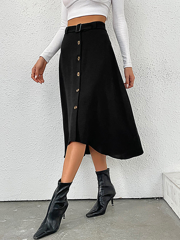 A-line High Waisted Buckle Buttoned Solid Color Skirts Bottoms - Image 2