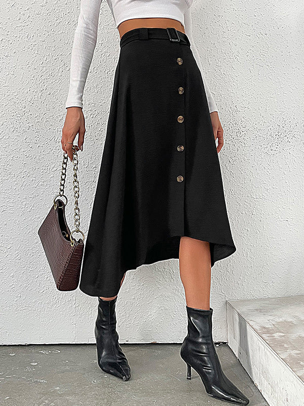 A-line High Waisted Buckle Buttoned Solid Color Skirts Bottoms - Image 3