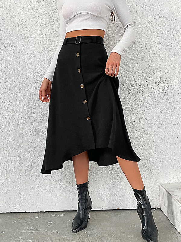 A-line High Waisted Buckle Buttoned Solid Color Skirts Bottoms - Image 4